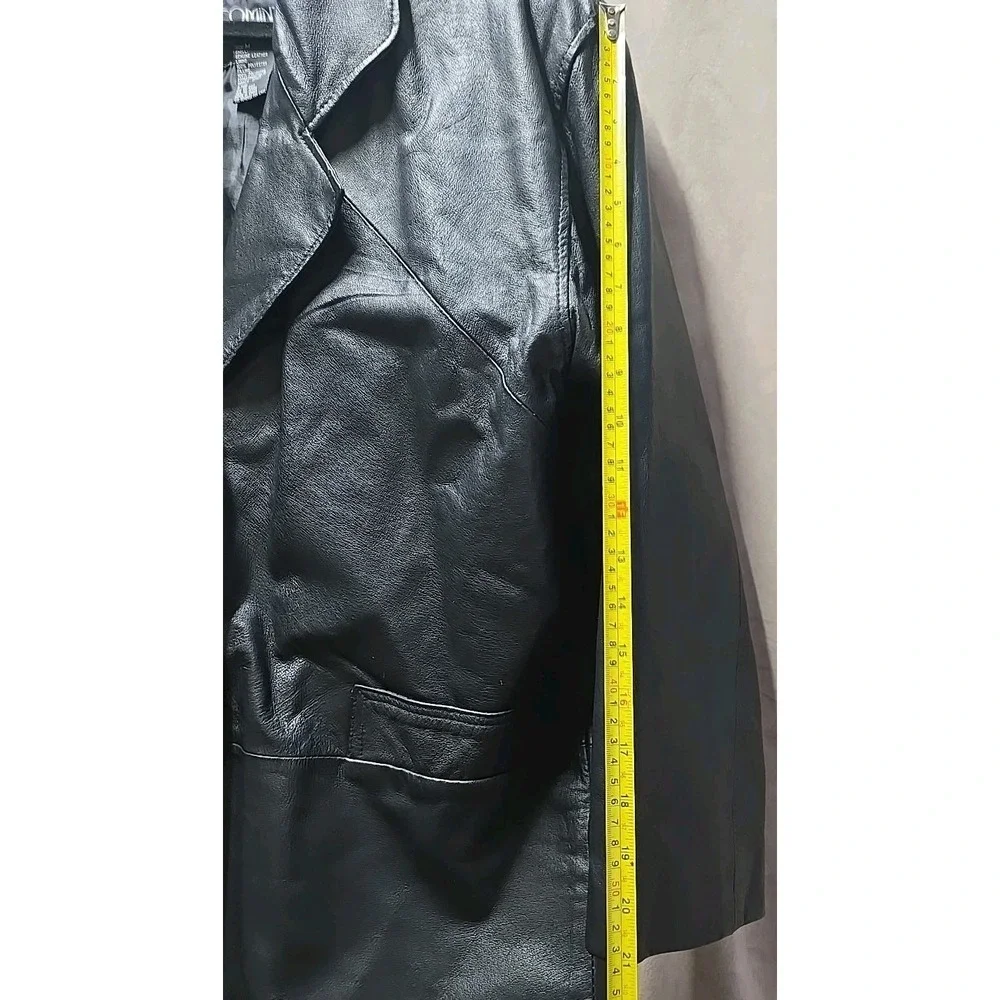 Vintage 90s Women Comint Black Leather Longline Trench‎ Coat Medium Oversized